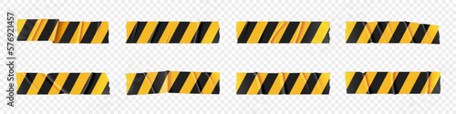 Yellow police warning caution tape for danger crime barrier vector set. Wrinkled security line ribbon. Torn realistic safety cordon band. Forbidden zone isolated label on transparent background.