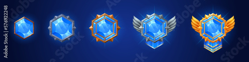 Game rank gem badge ui award achievement in vector. Cartoon level medal illustration. Isolated 3d fantasy medieval jewelry amulet with wings to show progress and win rating in bronze, silver and gold.