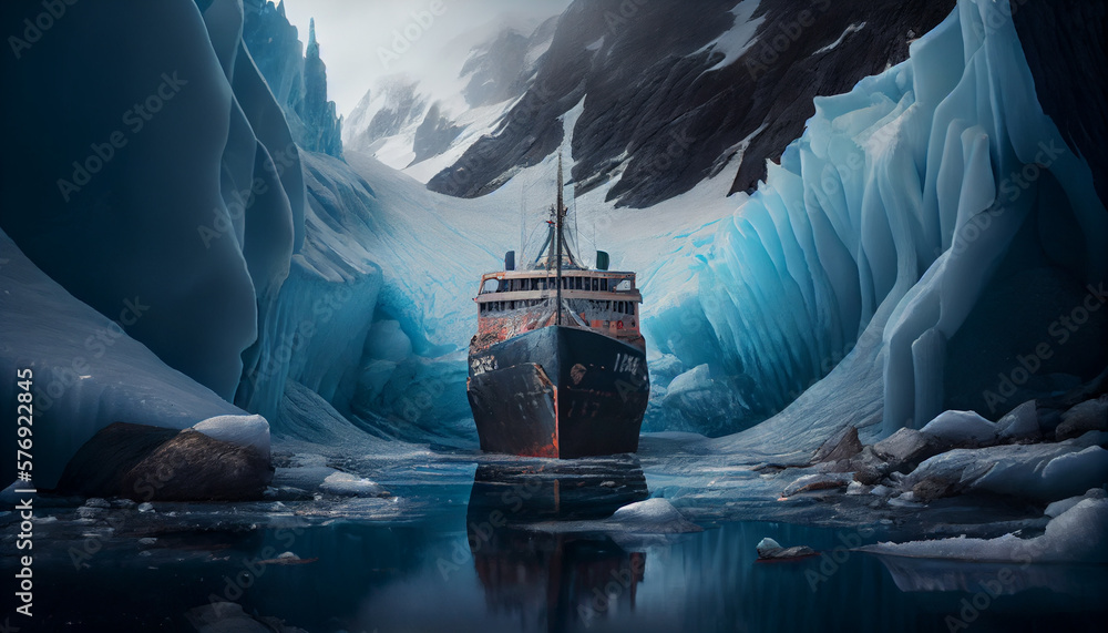 Cargo ship driving through frozen sea. Dark waters with ice blocks floating in sea. - obrazy, fototapety, plakaty 