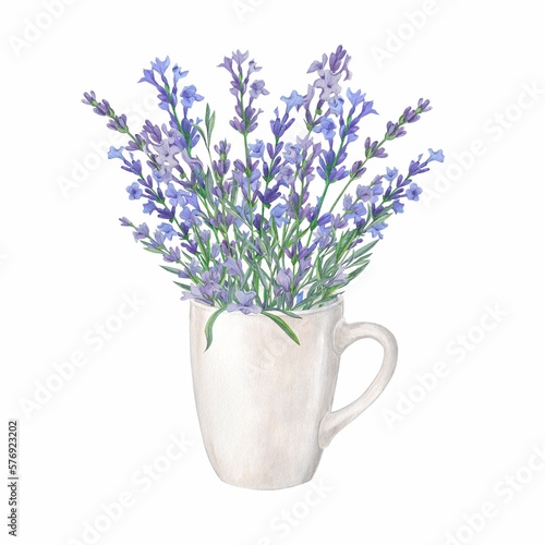 Bouquet of lavender in a white ceramic cup, painted in watercolor on a white background. Floral watercolor illustration. Ideal for creating invitations, greeting and wedding cards. Clipart in Provence