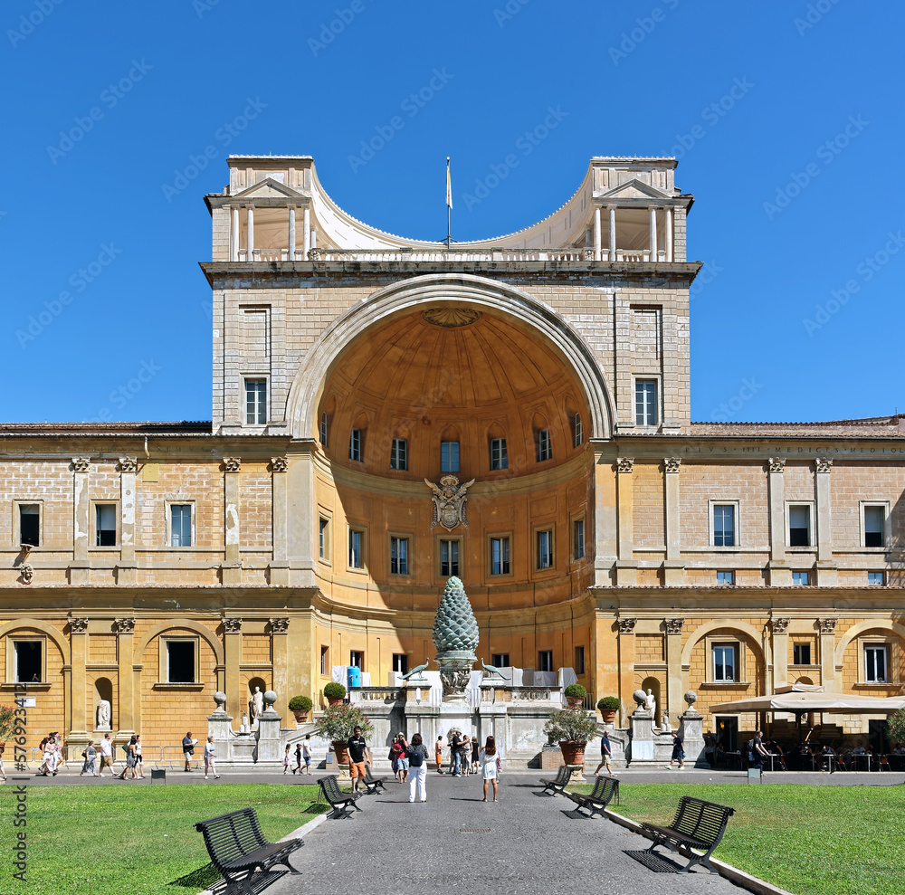The Court of the Pine in Vatican, the northern end of the great renaissance Belvedere Courtyard, Rome, Italy. It takes its name form the enormous bronze pine cone. - obrazy, fototapety, plakaty 