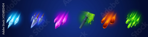 Fantasy game skill effect icon interface vector kit. Medieval cartoon spear, lance and ax with poison mmorpg guii element, Meteor rain and ice magic spell clipart collection for mobile application.