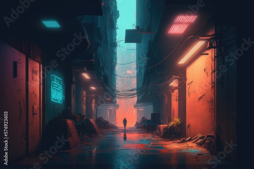 Fotografia deserted neon alleyway with droning cyberpunk traffic digital art poster AI generation