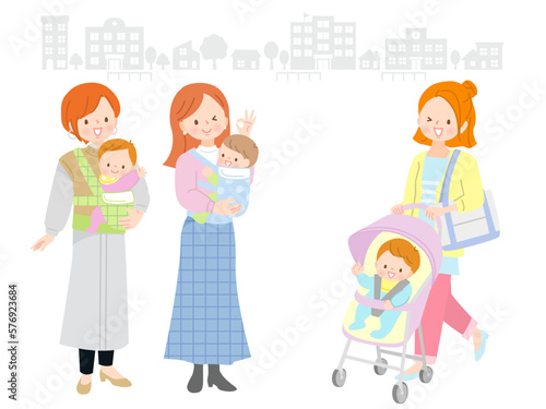 オシャレをして赤ちゃんと一緒に外出する若いママ達