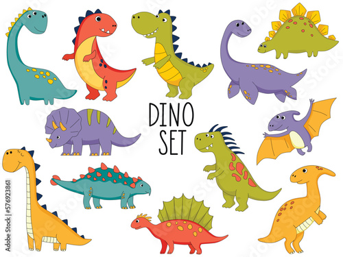 Dino set in simple hand drawn cartoon style.