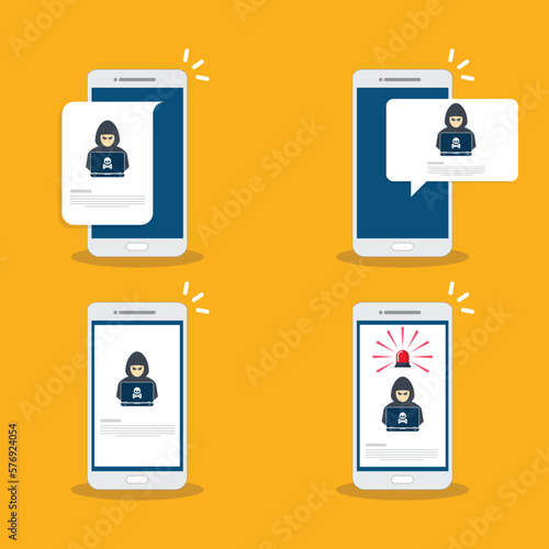 Hacker, malware notification on mobile phone. Smartphone with hacker alert, spam data on cellphone fraud error message, scam, virus.	