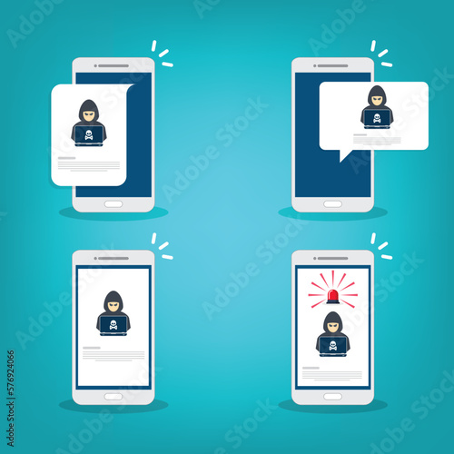 Hacker, malware notification on mobile phone. Smartphone with hacker alert, spam data on cellphone fraud error message, scam, virus.	