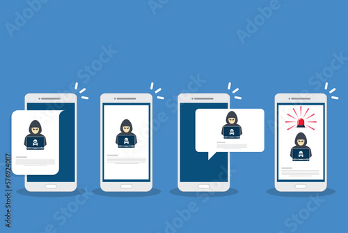 Hacker, malware notification on mobile phone. Smartphone with hacker alert, spam data on cellphone fraud error message, scam, virus.	