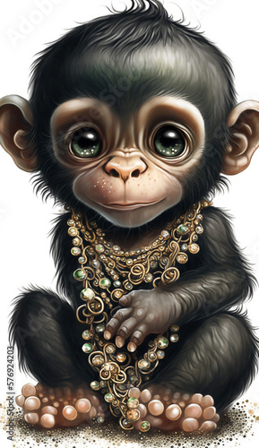 Very Sweet Baby Chimpanzee Bejeweled Only White Background Generative AI Digital Illustration Part#20323 