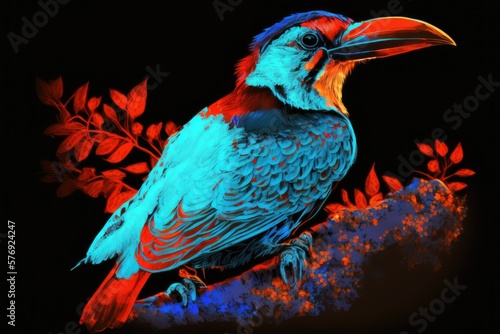 A hand painted digital image of a vibrant exotic bird. Generative AI