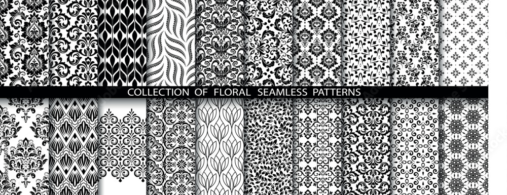 Geometric floral set of seamless patterns. White and black vector backgrounds. Damask graphic ornaments. Geometric floral set of seamless patterns. White and black vector backgrounds. Damask graphic ornaments.