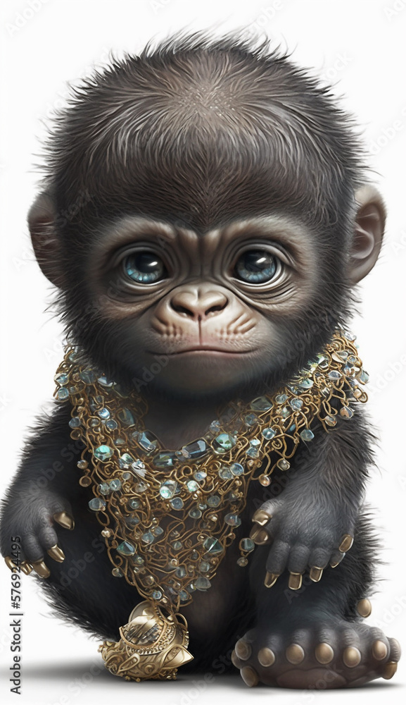 Very Sweet Baby Gorilla  Bejeweled Only White Background Generative AI Digital Illustration Part#20323 