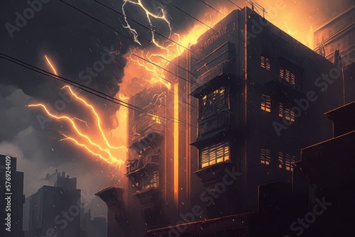 buzzing arcs of electricity between buildings  digital art poster AI generation.