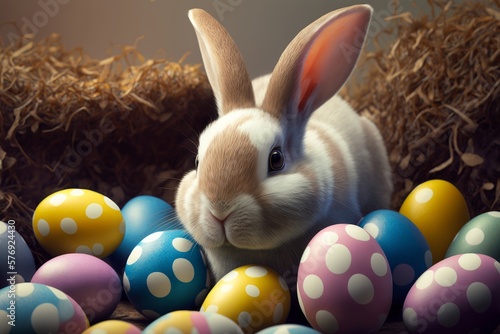 Super cute easter bunny guarding bunch of colorful eggs, generative ai