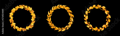 Circle user avatar frame for autumn fantasy game interface. Orange leaves border for rpg ui design, gold laurel wreath. Png fall rank vector icon with maple leaf illustration. Royal cartoon template