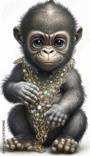 Very Sweet Baby Gorilla Bejeweled Only White Background Generative AI Digital Illustration Part#20323 
