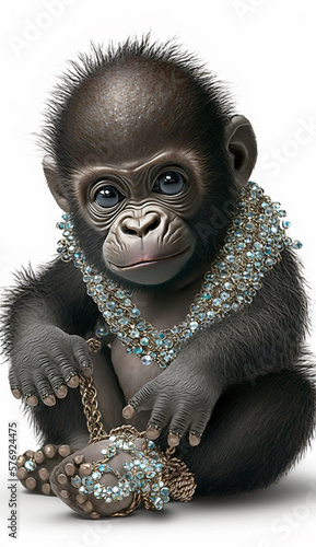 Very Sweet Baby Gorilla  Bejeweled Only White Background Generative AI Digital Illustration Part 20323 