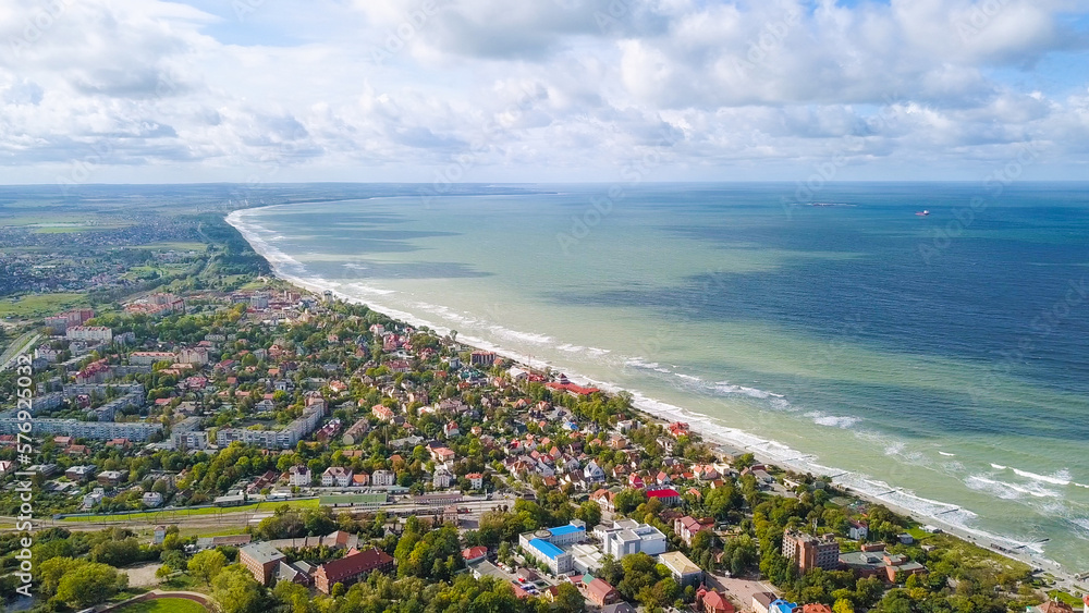 Russia, Zelenogradsk. Panoramic view of the Baltic Sea, From Drone