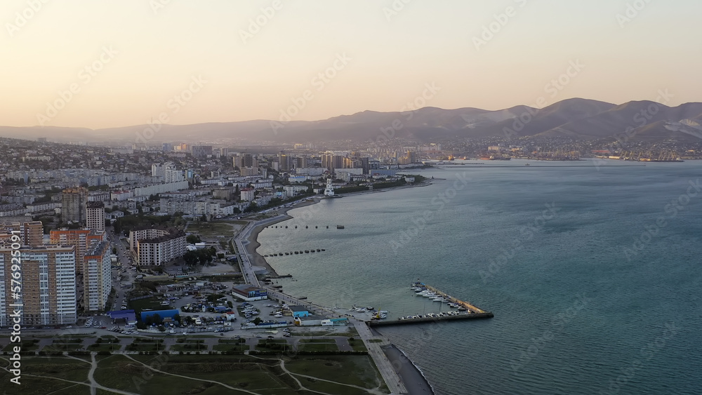 Novorossiysk, Russia - September 16, 2020: City embankment. Tsemesskaya Bay in the Black Sea., Aerial View