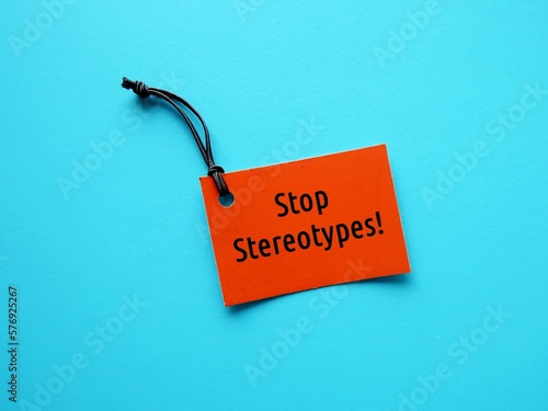 Canvastavla Orange tag on blue background with text message - STOP STEREOTYPES! -  to stop s