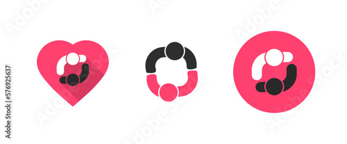 Two people hugging icon logo or couple partners dancing in love heart simple pictogram graphic illustration, man or woman join together to trust unity union silhouette, relationship dating image