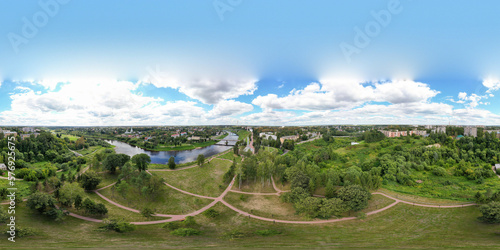 Rzhev, Russia. Panorama 360 of the city center. Aerial view of the Volga and the embankment