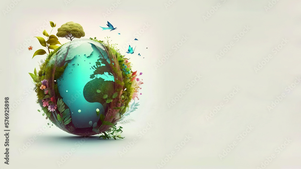 Generative artificial intelligence.Illustrated planet earth in the shape of a ball. cartoon postcard for Earth Day. Horizontal wide, cover. copy-space.