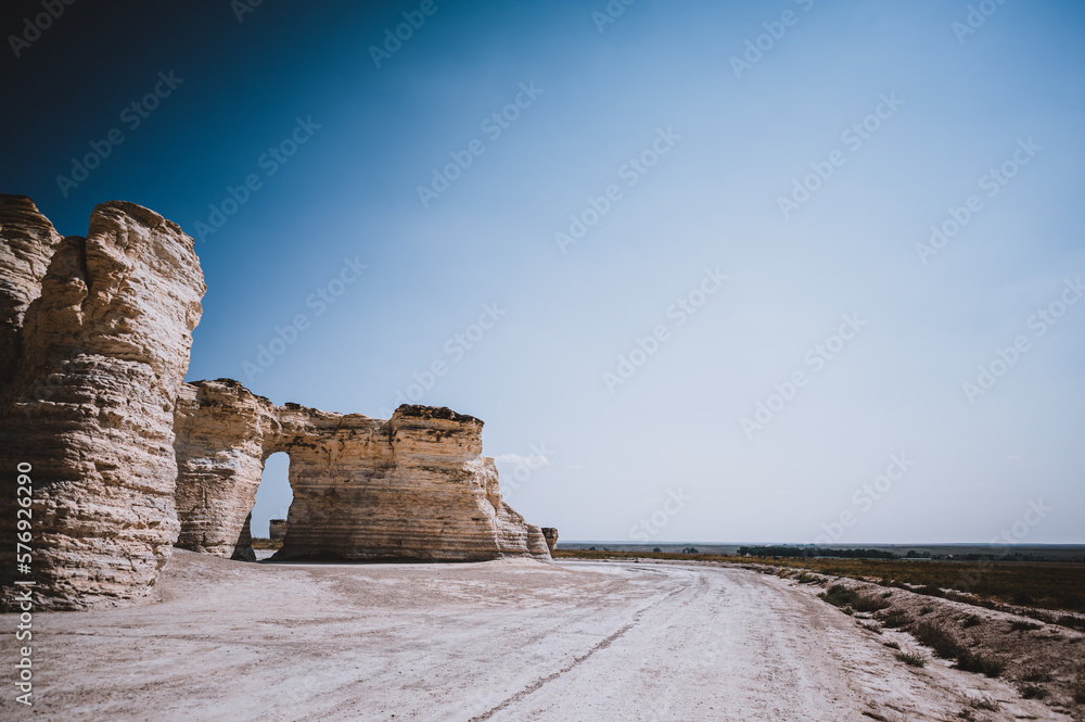 Monument Rocks in Grove County, Kansas. The chalk rock formation is a listed National Natural Landmark.