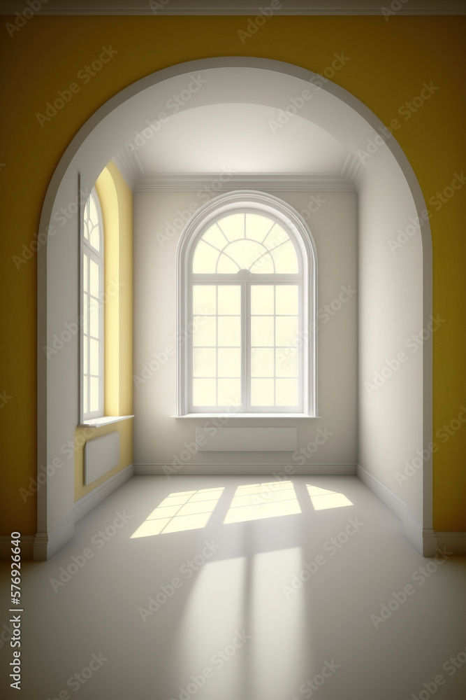 white and yellow room illuminated with natural light from a large window, no person, no furniture, background, white and yellow walls and white floor created with Generative AI technology
