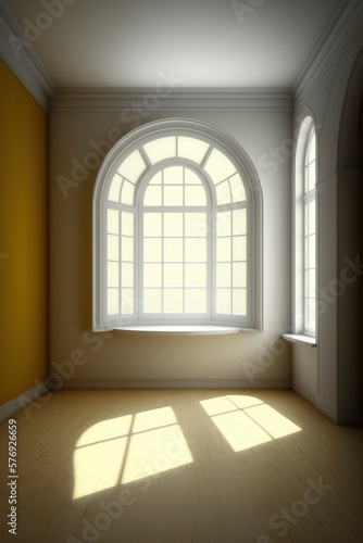white and yellow room illuminated with natural light from a large window  no person  no furniture  background  white and yellow walls and white floor created with Generative AI technology
