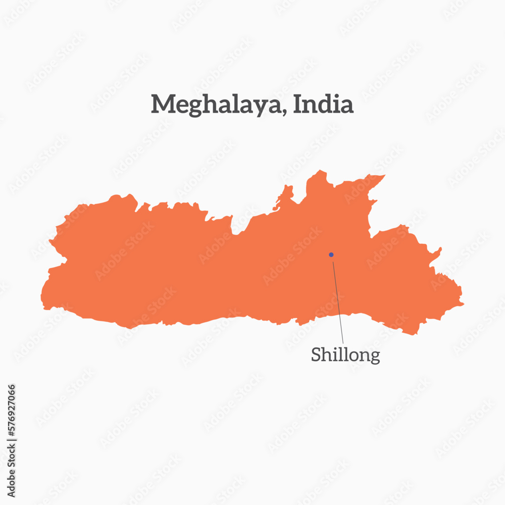 Meghalaya state map with capital Shillong marked on isolated plain background. Meghalaya, India vector, illustration map.