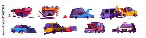 Car crash cartoon scene set. Vehicle accident, riots and disturbances icon. Insurance for damage auto and collision crush collection. Police automobile clipart illustration. Smash and fire incident.