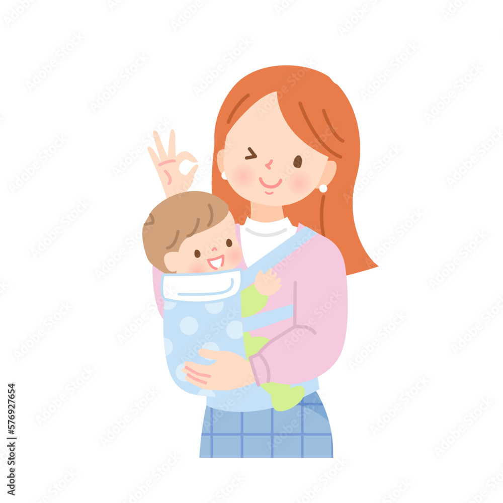 赤ちゃんを抱っこする笑顔のママのイラスト素材