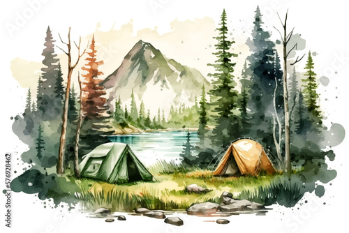 Camping landscape with mountains background. Watercolor vector illustration