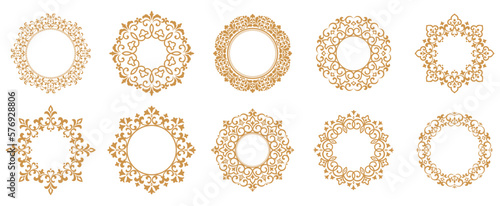 Set of decorative frames Elegant vector element for design in Eastern style, place for text. Floral gold and white borders. Lace illustration for invitations and greeting cards