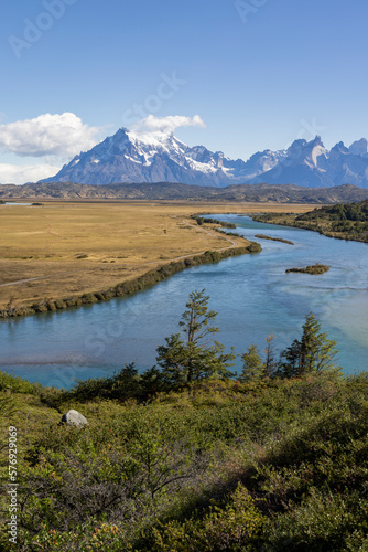 Serrano River  golden pampas and snowy mountains of Torres del Paine National Park in Chile  Patagonia  South America