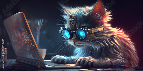 cat hacker works on a laptop. Generative AI