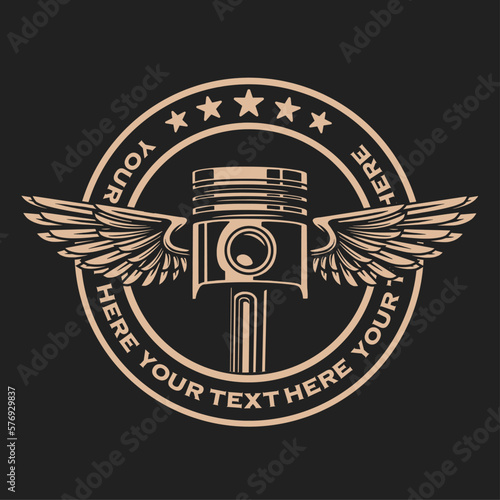 Winged piston icon. The logo can be edited in color and text as needed. Logo for professions related to automotive and mechanics.