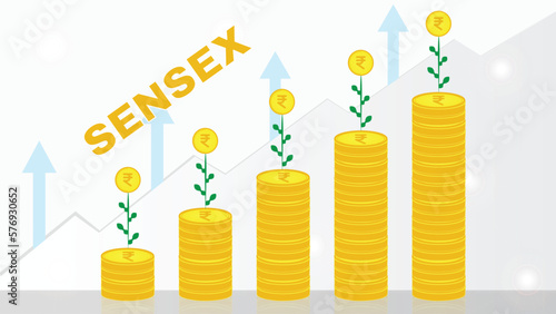 Sensex Index Growth Illustration with Growing Bar Graph of Stacks of Indian Rupee Symbols and Increasing Arrows  photo