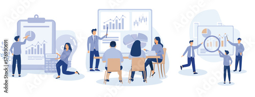 Master of Science in finance, Group of diverse people making business plan together, budget planning, study investment banking, management, set flat vector modern illustration