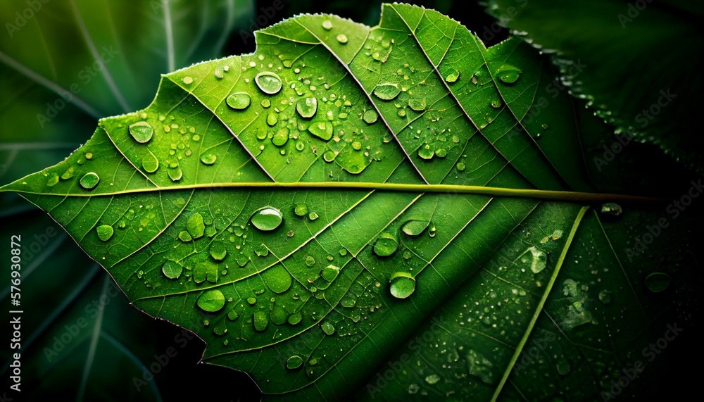 Fototapeta premium A close up of a green leaf with water droplets on it. Green leaf background. Generative AI, Generative, AI
