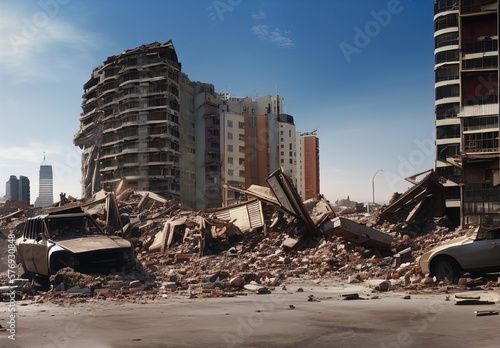 City with destruction, Earthquake, City Destruction, rubble of building after natural disaster, destructions, ruins, Demolition, Rubbles, Abandoned building in the city, Generative 