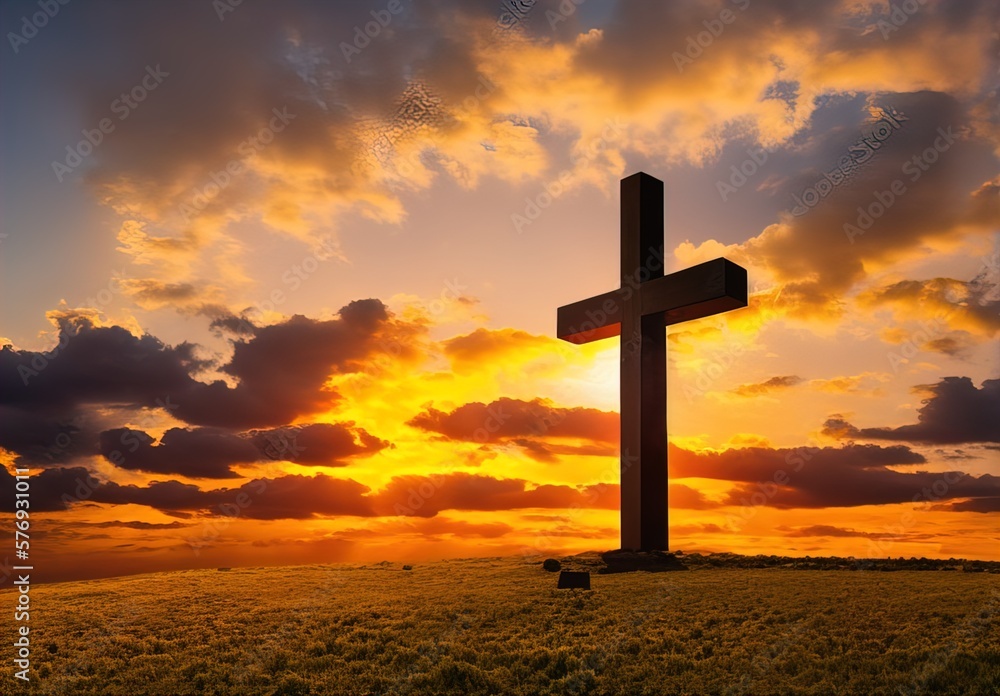 Cross at sunset sky, Faith, Holy Week, Holy Friday, Crucifixion, Christian, Christ, Catholic, Generative AI