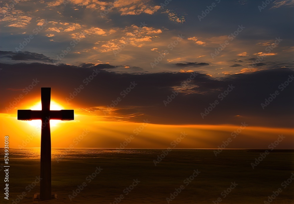 Cross on sunset, Faith, Holy Week, Holy Friday, Crucifixion, Christian, Christ, Catholic, Generative AI