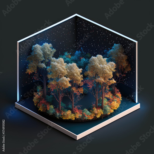 twinkling sky over a forest of maple trees, isometric low poly view AI generation.