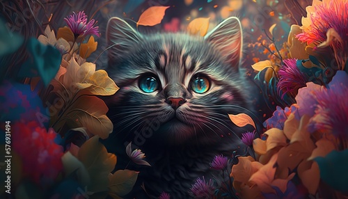 Creative portrait of a cute cat using plenty of vibrant flowers. Generative Ai.