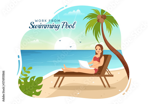 Freelance Workers From Swimming Pool Illustration with Relaxing, Drink Cocktails and Using Laptop in Cartoon Hand Drawn for Landing Page Templates © denayune