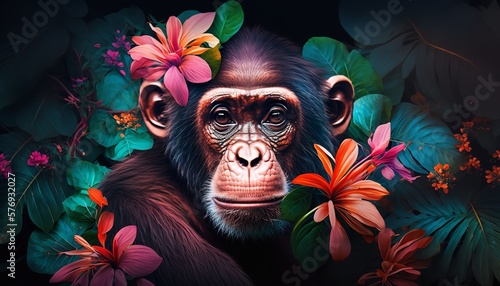 Creative portrait of a monkey using plenty of vibrant flowers. Generative Ai.