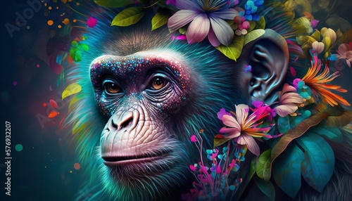 Creative portrait of a monkey using plenty of vibrant flowers. Generative Ai.