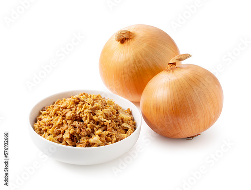 Fried onions and onions on white background.